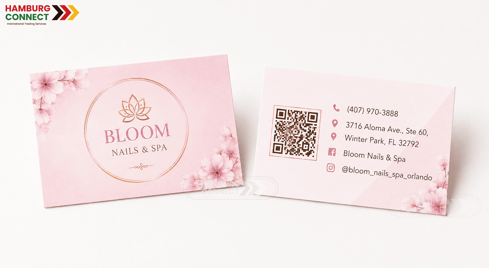 Name card tiệm nail hai mặt có thông tin liên hệ và mã QR