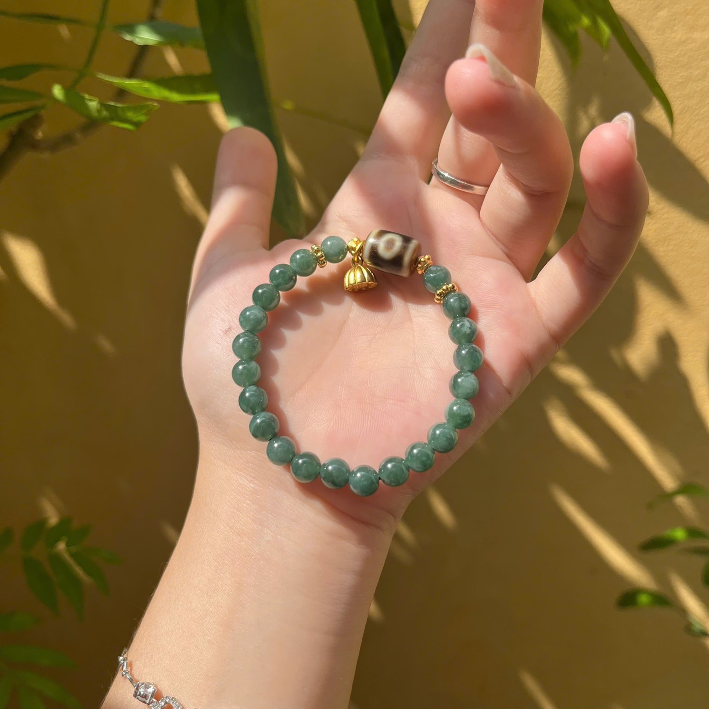 Vòng Dzi 2 mắt thân dầu phối ngọc Jadeite A