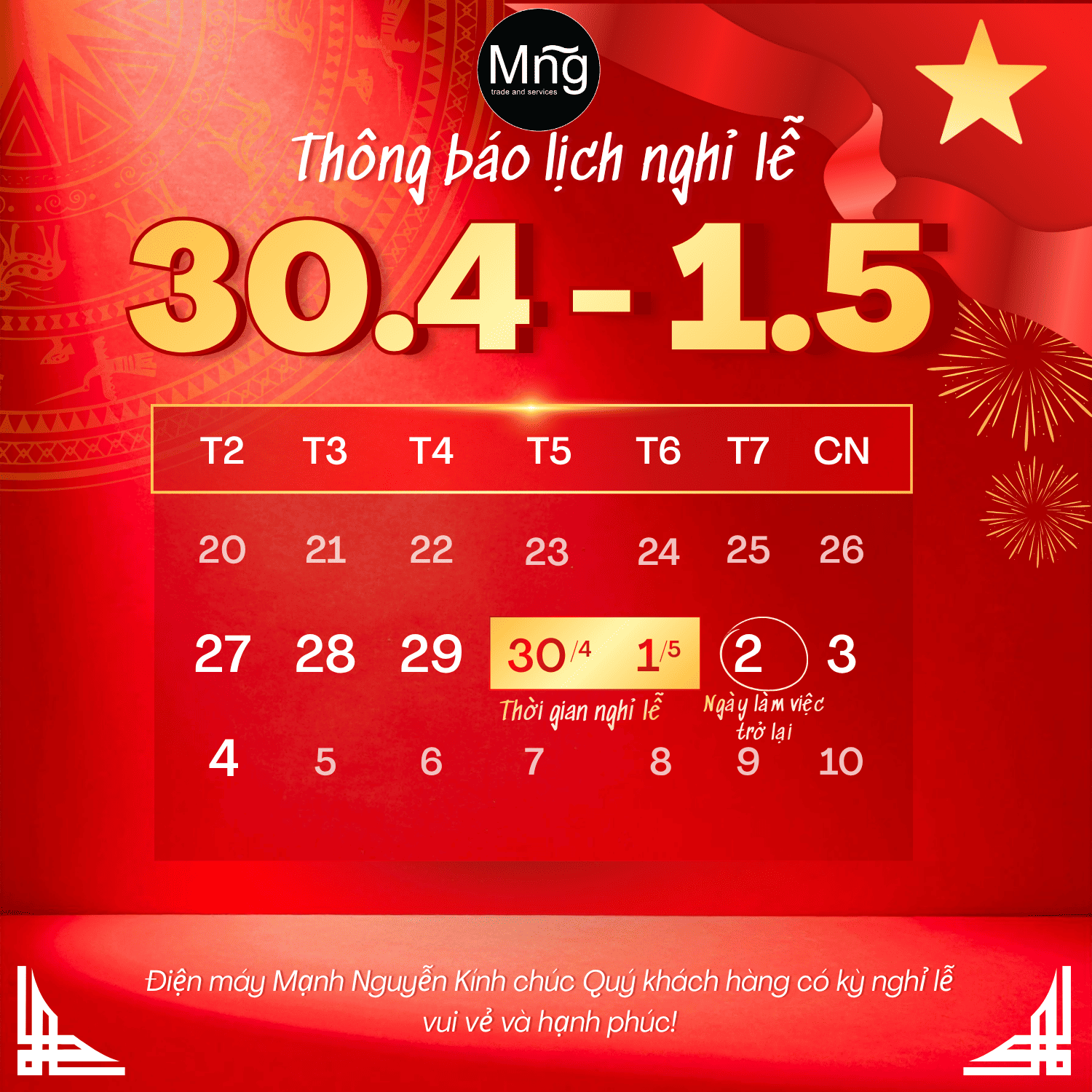 THÔNG BÁO NGHỈ LỄ 30/4-1/5/2026