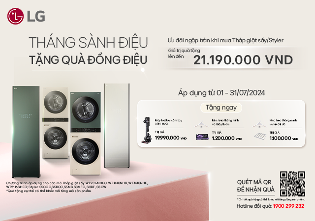 Ngập tràn quà tặng tháng 7, quà đậm hoàn thiện tổ ấm khi mua máy giặt, máy sấy, tủ chăm sóc LG