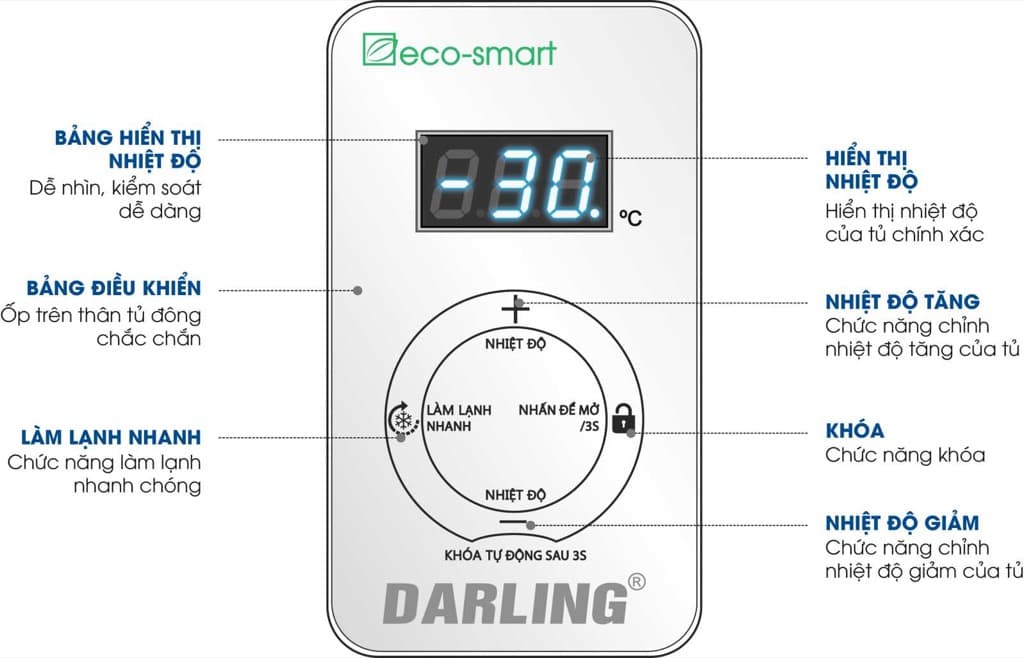 Tủ đông Darling inverter 400 lít DMF-4079ASKI bảng điều khiển cảm ứng