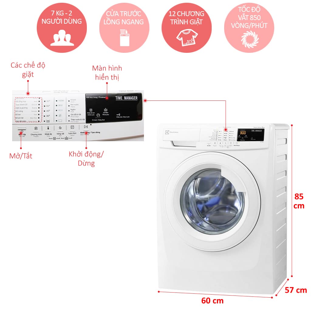 MÁY GIẶT CỬA TRƯỚC ELECTROLUX EWF80743 7KG - MÀU TRẮNG