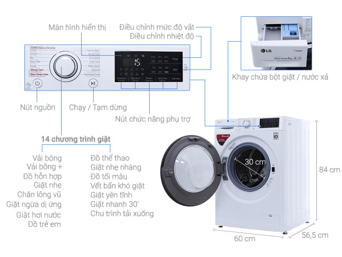 Máy giặt LG 8 kg lồng ngang Inverter FC1408S4W2