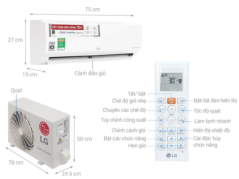 Điều hòa 9000btu LG V10ENW 1 chiều Inverter