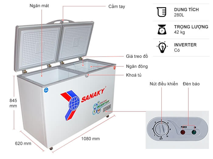 Tủ đông Sanaky 280 lít inverter 2 ngăn VH-2899W3