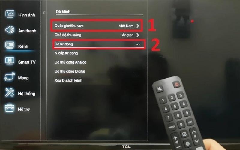 Bước 4: Ở bước này, bạn chọn quốc gia là Việt Nam và chọn Dò tự động Bước 4: Ở bước này, bạn chọn quốc gia là Việt Nam và chọn Dò tự động