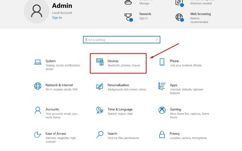 Trong giao diện Windows Settings, tìm và nhấp vào mục Devices (Thiết bị).