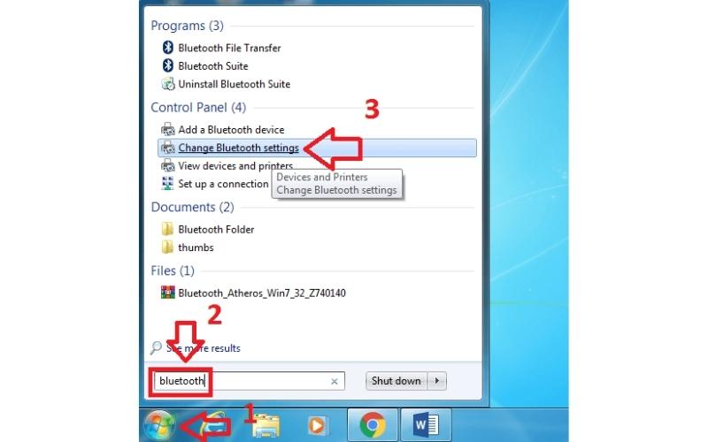 Tìm kiếm từ khóa Bluetooth trong công cụ tìm kiếm và chọn Change Bluetooth settings.