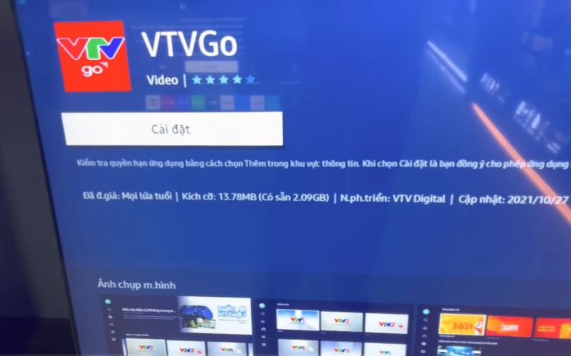 Sau khi tìm thấy ứng dụng VTVGo, nhấn vào biểu tượng của nó và chọn "Install" (Cài đặt) Sau khi tìm thấy ứng dụng VTVGo, nhấn vào biểu tượng của nó và chọn "Install" (Cài đặt)
