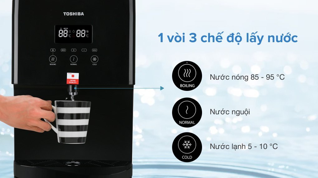 1 vòi 3 chế độ: nguội, nóng 85 - 95 độ C, lạnh 5 - 10 độ C phục vụ mọi nhu cầu sử dụng 1 vòi 3 chế độ: nguội, nóng 85 - 95 độ C, lạnh 5 - 10 độ C phục vụ mọi nhu cầu sử dụng