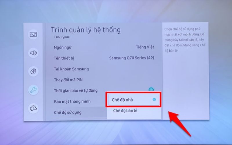 Tiếp đó, chọn “Chế độ nhà”. Sau khi hoàn tất, bạn đã thiết lập xong để chặn quảng cáo trên YouTube cho tivi Samsung Tiếp đó, chọn “Chế độ nhà”. Sau khi hoàn tất, bạn đã thiết lập xong để chặn quảng cáo trên YouTube cho tivi Samsung