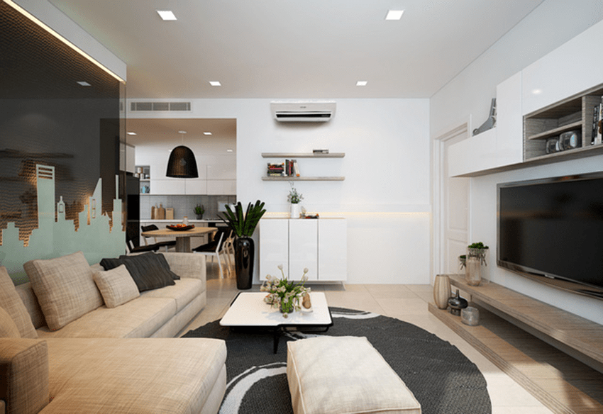 Có thể bố trí phòng khách và lắp đặt máy lạnh bên trái để tránh vị trí bạch hổ