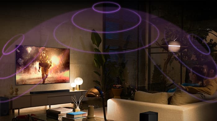 Âm thanh vòm thú vị, bao trùm khắp không gian nhờ tích hợp công nghệ AI Acoustic Tuning, AI Sound Pro