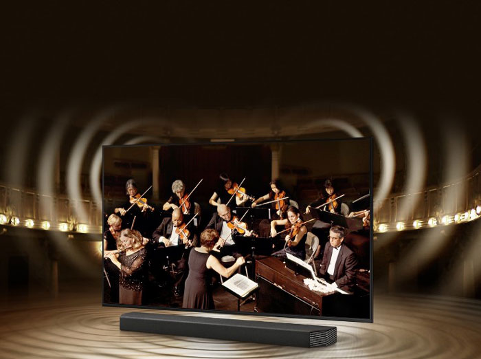 Công nghệ Q-Symphony được tích hợp ở tivi 75AU8100 giúp tối ưu chất lượng âm thanh  