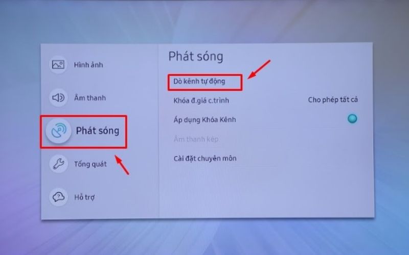Bước 3: Trong bảng cài đặt, chọn mục "Phát sóng", sau đó nhấn vào "Dò kênh tự động" để tiến hành dò kênh. Bước 3: Trong bảng cài đặt, chọn mục "Phát sóng", sau đó nhấn vào "Dò kênh tự động" để tiến hành dò kênh.