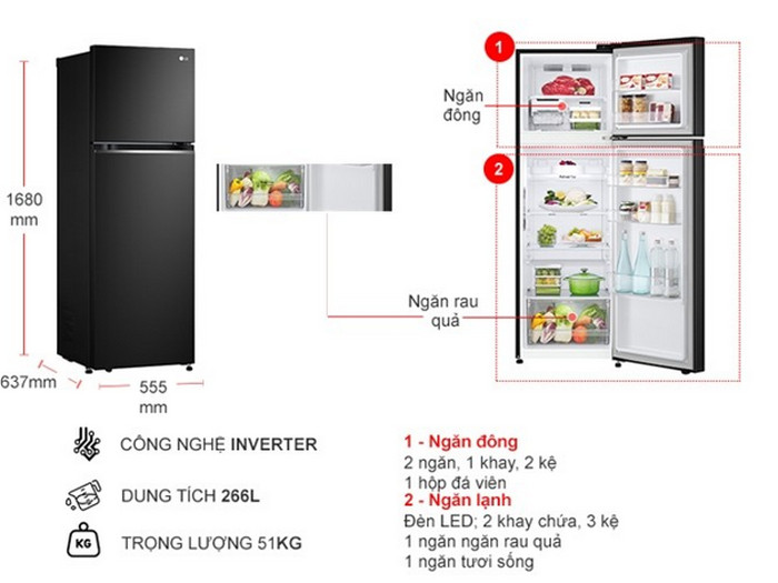Tủ lạnh LG Inverter 266 lít GV-B262BL
