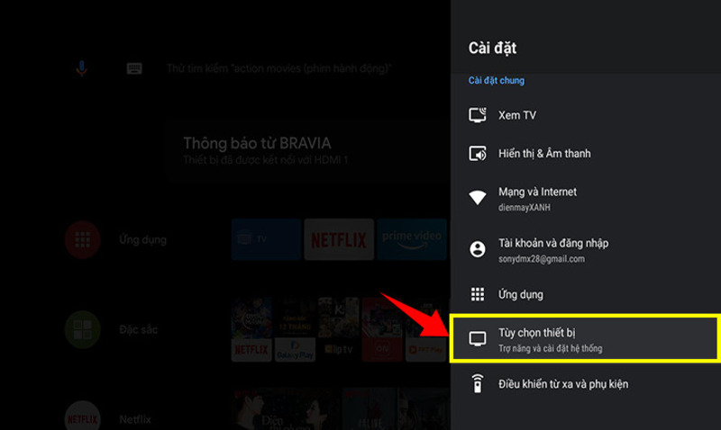 Chọn mục “Tùy chọn thiết bị” trên Tivi Sony  Nhập số serial trên Tivi Sony
