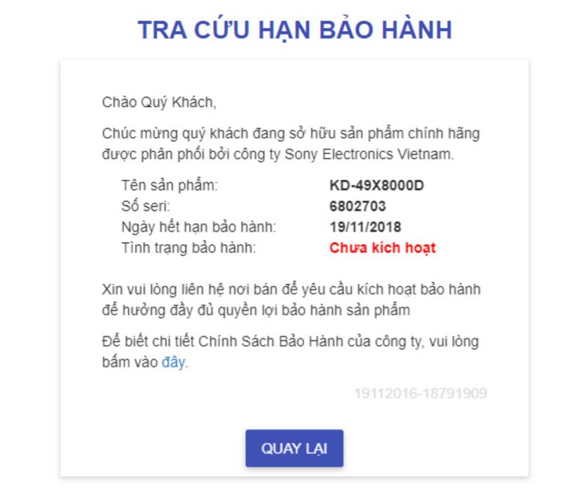 Ví dụ minh hoạ về trường hợp sản phẩm KD-49X8000D chưa được kích hoạt bảo hành sau khi tra cứu thông tin tại hãng  Tra cứu hạn bảo hành