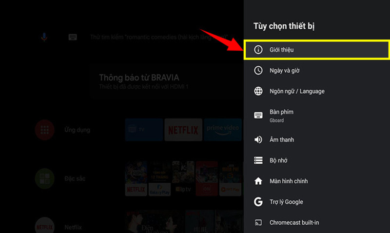 Chọn “Giới thiệu” trong cài đặt Tivi Sony  Nhập số serial trên Tivi Sony