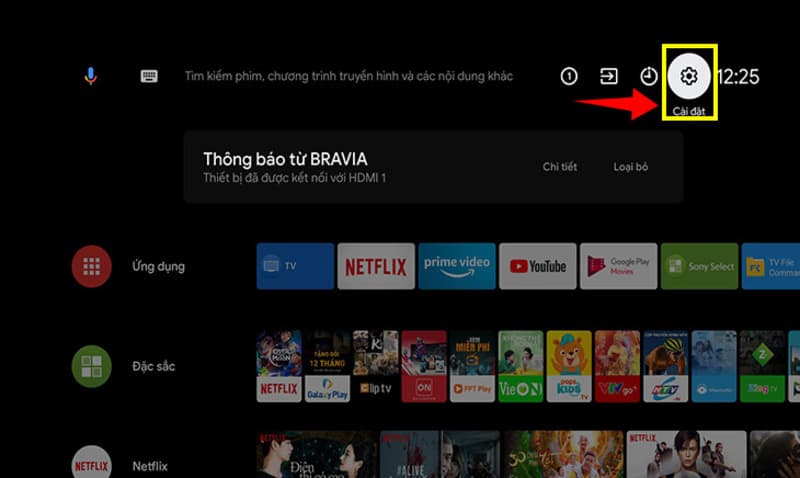 Chọn “Cài đặt (Setting)” trên Tivi Sony  Nhập số serial trên Tivi Sony