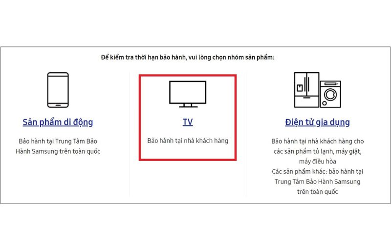 Trước tiên, bạn truy cập vào trang web Hỗ trợ của Samsung và chọn mục Tivi từ danh sách sản phẩm. 