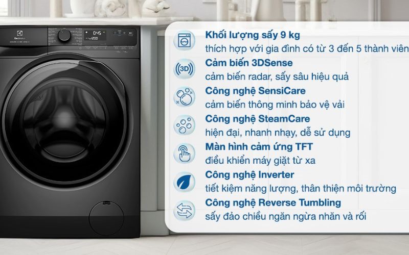  Máy sấy Electrolux EDH902R9SC bền đẹp, sấy nhanh, tiết kiệm điện 