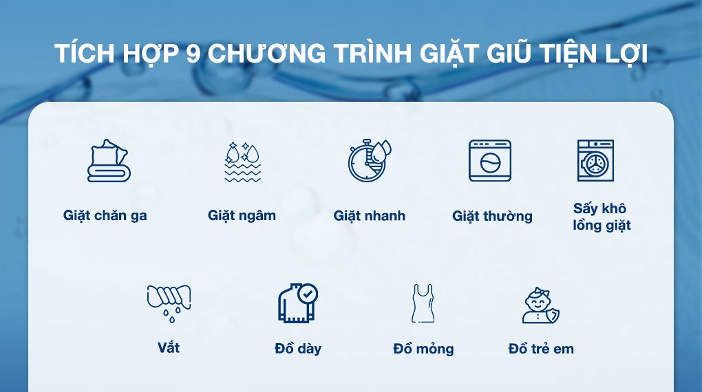 Khối lượng giặt 8.5kg cùng 9 chương trình tiện lợi giặt sạch quần áo tươm tất Khối lượng giặt 8.5kg cùng 9 chương trình tiện lợi giặt sạch quần áo tươm tất
