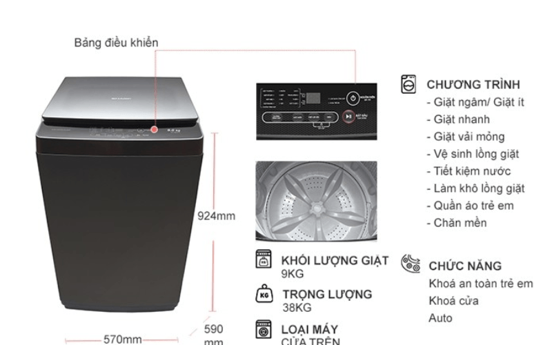Máy giặt Sharp 9 Kg ES-Y90HV-S rất tiết kiệm điện, nước Máy giặt Sharp 9 Kg ES-Y90HV-S rất tiết kiệm điện, nước