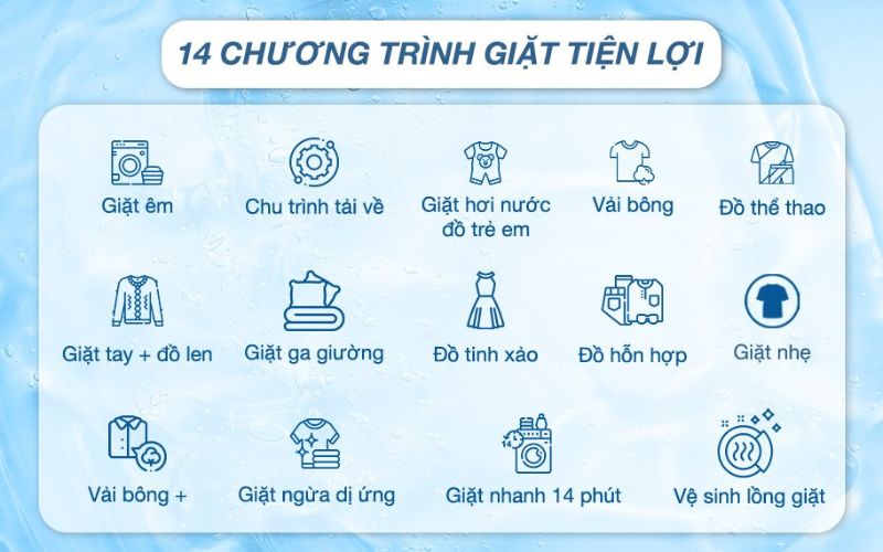 Khối lượng 9Kg, 14 chương trình hoạt động có khả năng giặt giũ lớn  Khối lượng 9Kg, 14 chương trình hoạt động có khả năng giặt giũ lớn