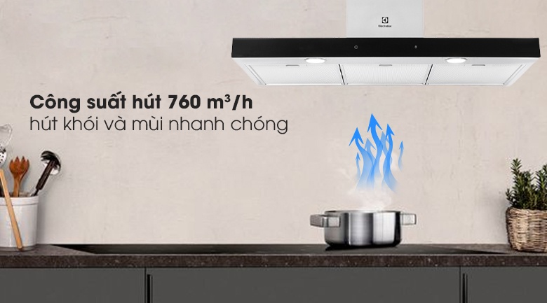 Lực hút 760m3/h, 3 tốc độ, 1 mức tăng cường loại bỏ hoàn toàn mùi khói bếp