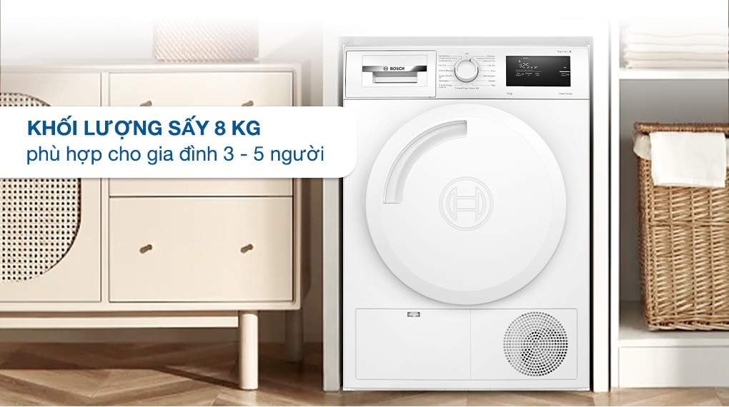  Khối lượng sấy 8kg, 14 chương trình tự động phục vụ tốt mọi nhu cầu sử dụng