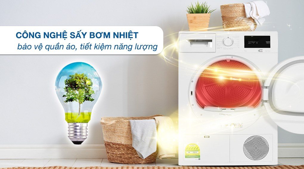  Cơ chế sấy bơm nhiệt, sấy khô hoàn hảo, bảo vệ sợi vải, tiết kiệm điện