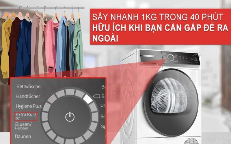 Chương trình sấy nhanh Extra Kurz 40’ rút ngắn thời gian sấy  Chương trình sấy nhanh Extra Kurz 40’ rút ngắn thời gian sấy