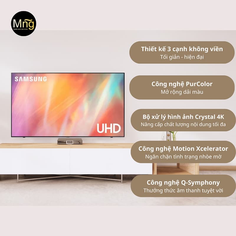 Smart Tivi Samsung 4K 43 inch UA43AU7002 có thiết kế 3 cạnh không viền tinh tế