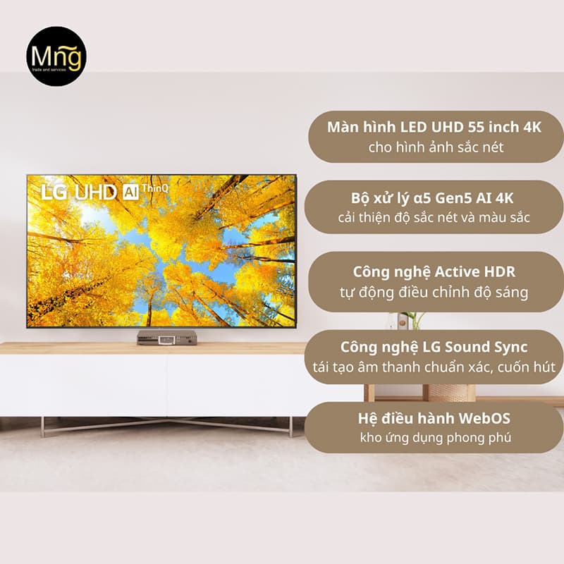 Tivi LG 55UQ7550PSF thu hút mọi ánh nhìn nhờ khung hình sống động, siêu thực Smart Tivi LG 55UQ7550PSF 4K 55 inch sở hữu công nghệ 4K AI scaling cùng màn hình với độ phân giải 4K