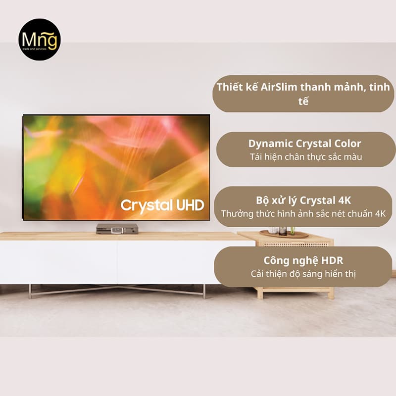 Tivi Samsung Crystal UHD 4K 50 inch UA50AU8000KXXV có thiết kế phù hợp với không gian phòng khách, phòng ngủ