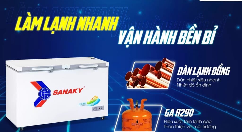 Dàn lạnh bằng đồng cùng hệ thống quạt đảo nhiệt làm lạnh nhanh, vận hành bền bỉ