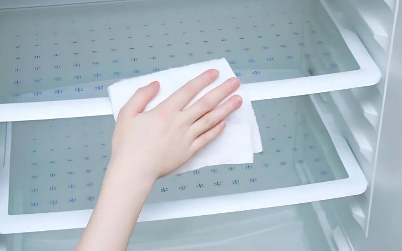 Bước 7: Lau lại bề mặt bên trong tủ lạnh bằng khăn khô Bước 7: Lau lại bề mặt bên trong tủ lạnh bằng khăn khô