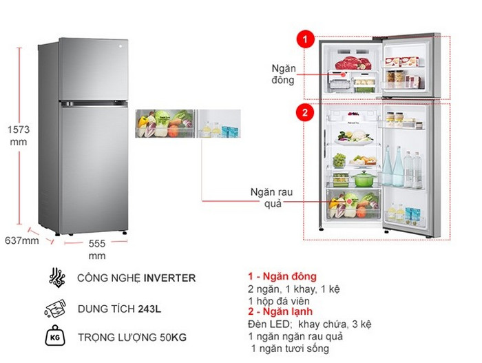 Tủ lạnh LG Inverter 2 Cánh 243 lít GV-B242PS