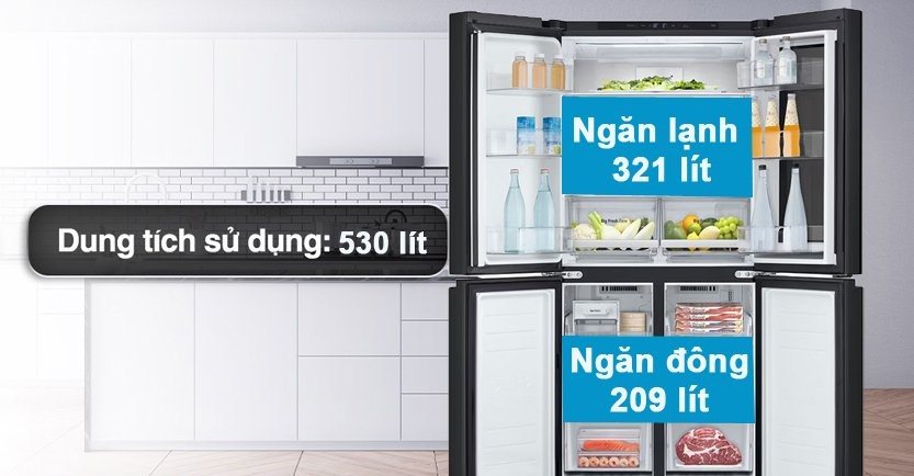 Dung tích 530 lít đáp ứng nhu cầu trữ thực phẩm của gia đình 4 - 5 người Dung tích 530 lít đáp ứng nhu cầu trữ thực phẩm của gia đình 4 - 5 người