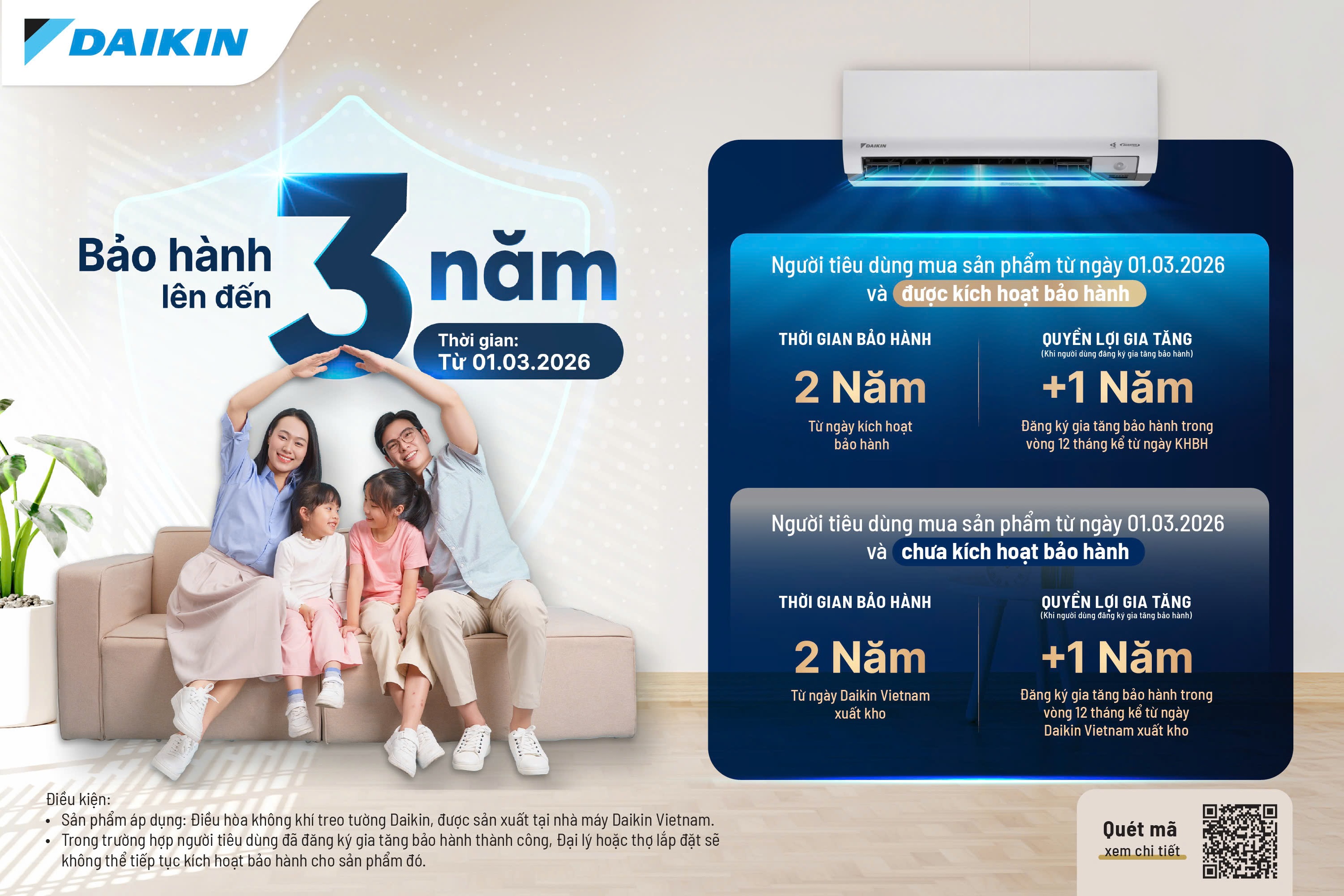 Chính sách bảo hành đến 3 năm cho điều hòa DAIKIN treo tường sản xuất tại Việt Nam