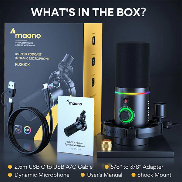 Micro Maono PD200X Podcast chế độ kép USB/XLR đèn RGB và phần mềm điều chỉnh cho PC/ điện thoại/ Livestream/ ghi âm