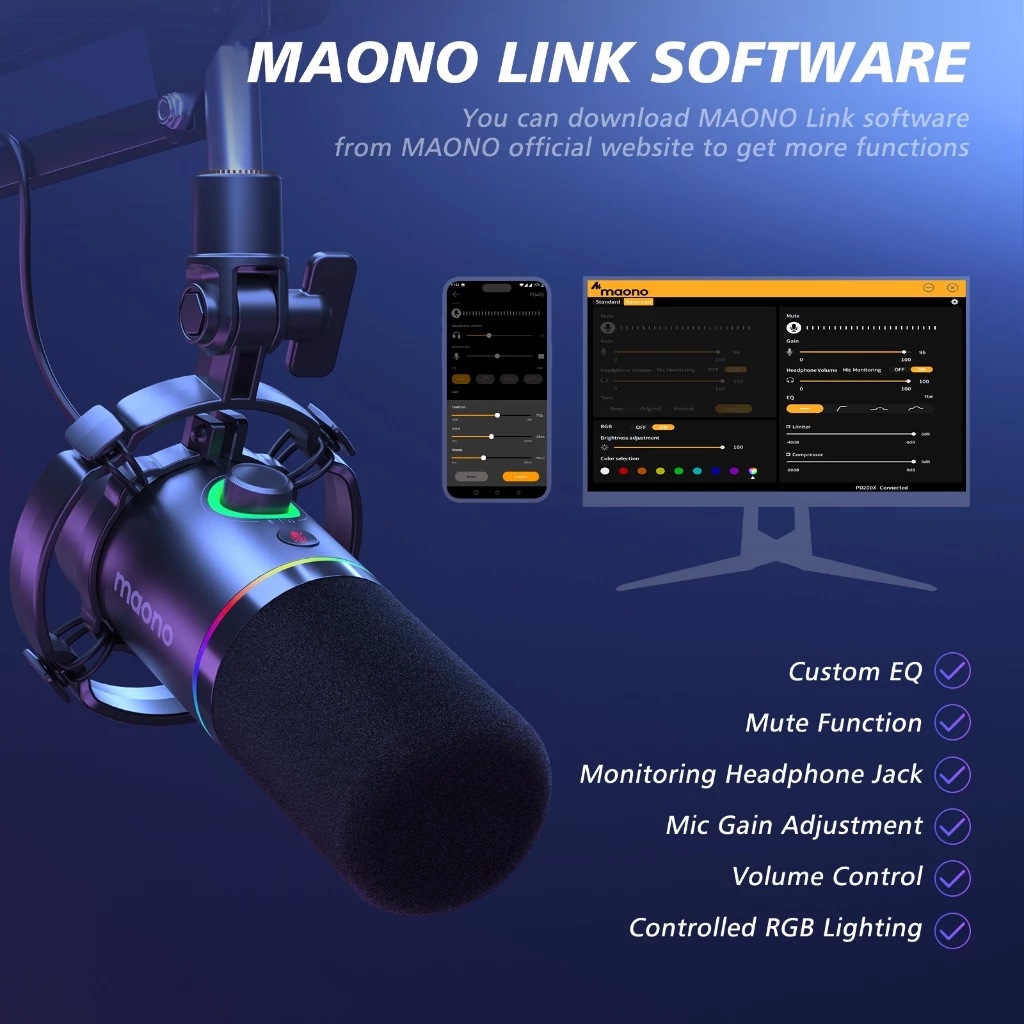 Micro Maono PD200X Podcast chế độ kép USB/XLR đèn RGB và phần mềm điều chỉnh cho PC/ điện thoại/ Livestream/ ghi âm