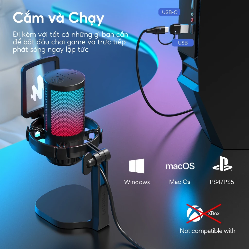 Micro thu âm MAONO DGM20 RGB USB Condenser với độ điều chỉnh lớn/chức năng thiết lập phần mềm cho PC/game/livestream