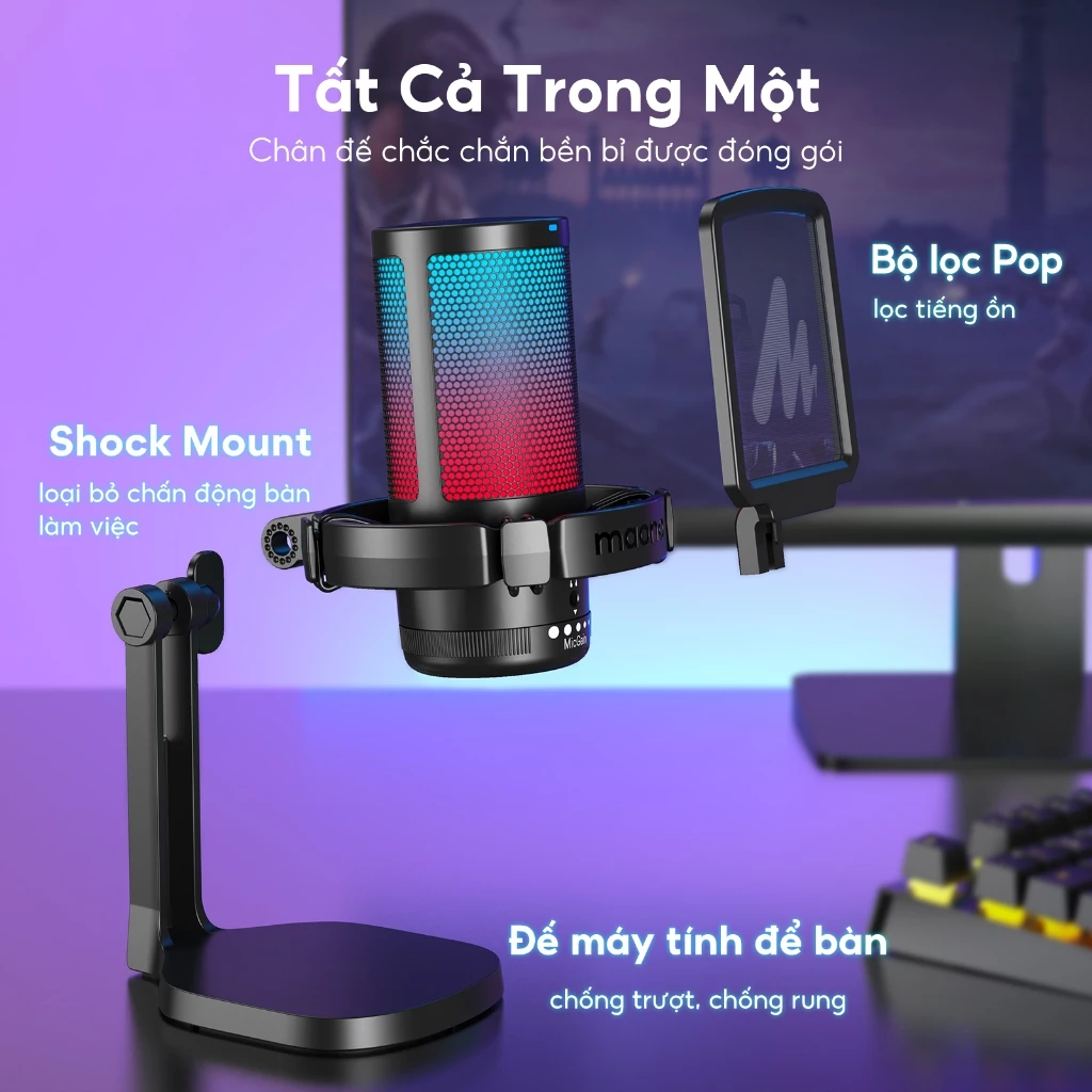 Micro thu âm MAONO DGM20 RGB USB Condenser với độ điều chỉnh lớn/chức năng thiết lập phần mềm cho PC/game/livestream
