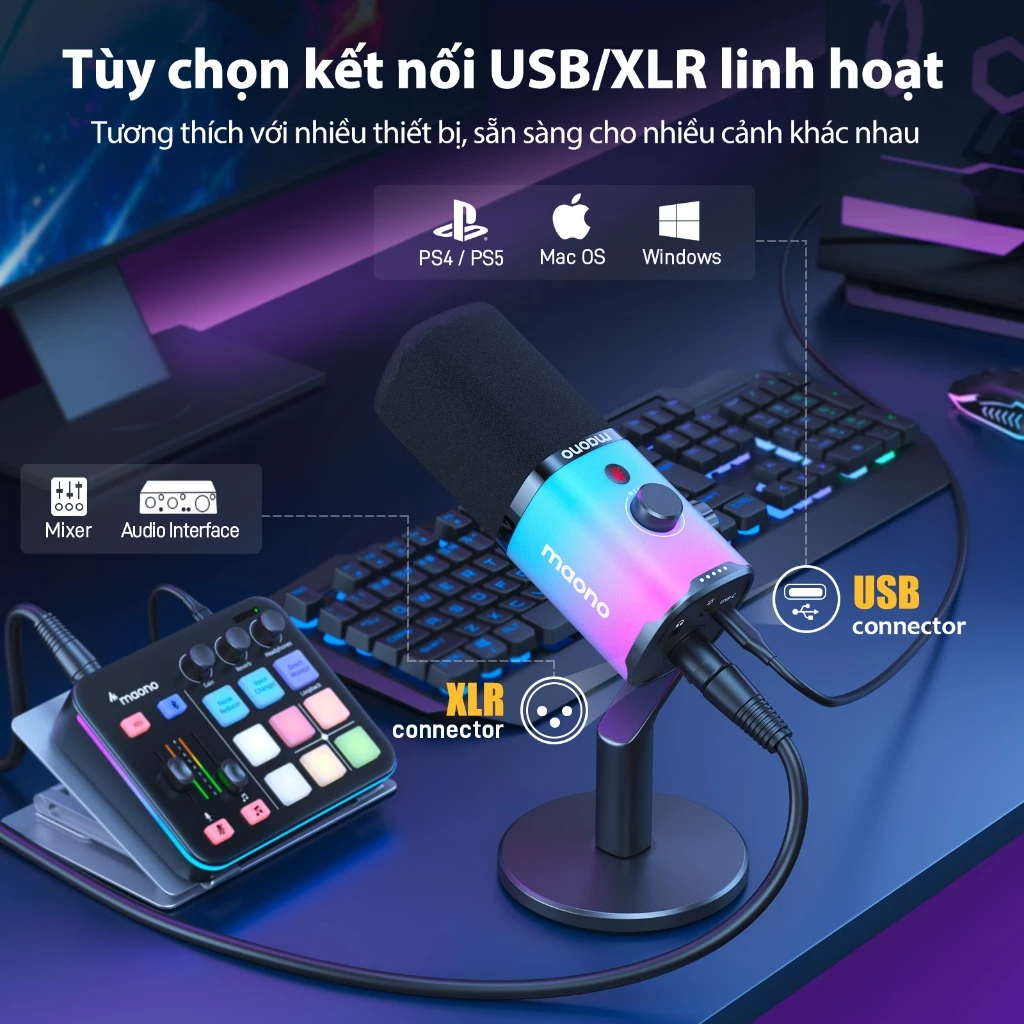 Bộ micrô chơi game năng động Maono PD100X RGB Bộ micrô chế độ kép USB / XLR có phần mềm, tắt tiếng, điều khiển âm lượng cho PC
