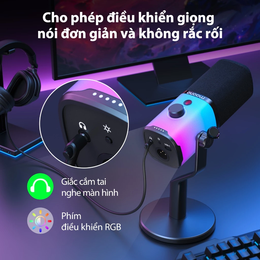 Bộ micrô chơi game năng động Maono PD100X RGB Bộ micrô chế độ kép USB / XLR có phần mềm, tắt tiếng, điều khiển âm lượng cho PC