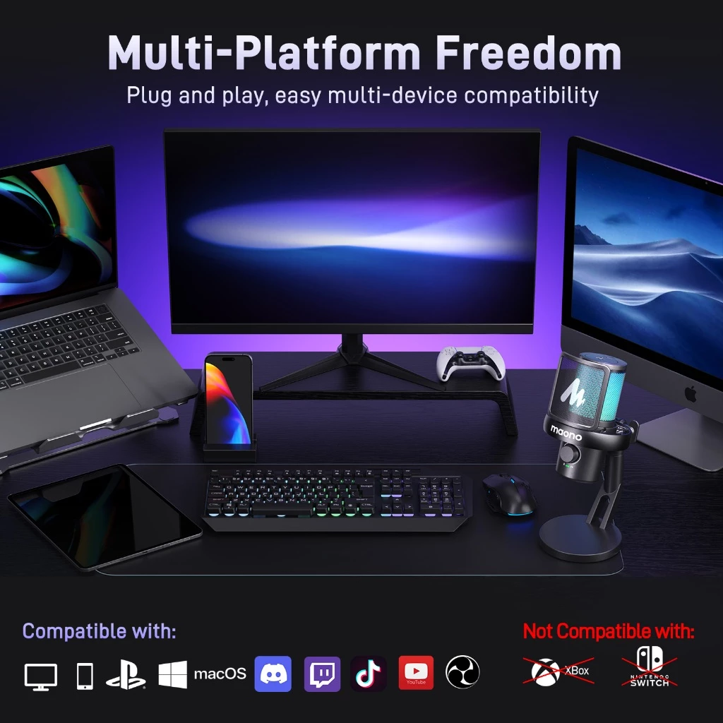 Micrô không dây MAONO DM40 Mic chống ồn AI Mic chơi game RGB có phần mềm, tắt tiếng, giảm tiếng ồn, Bộ đổi giọng nói AI cho PC