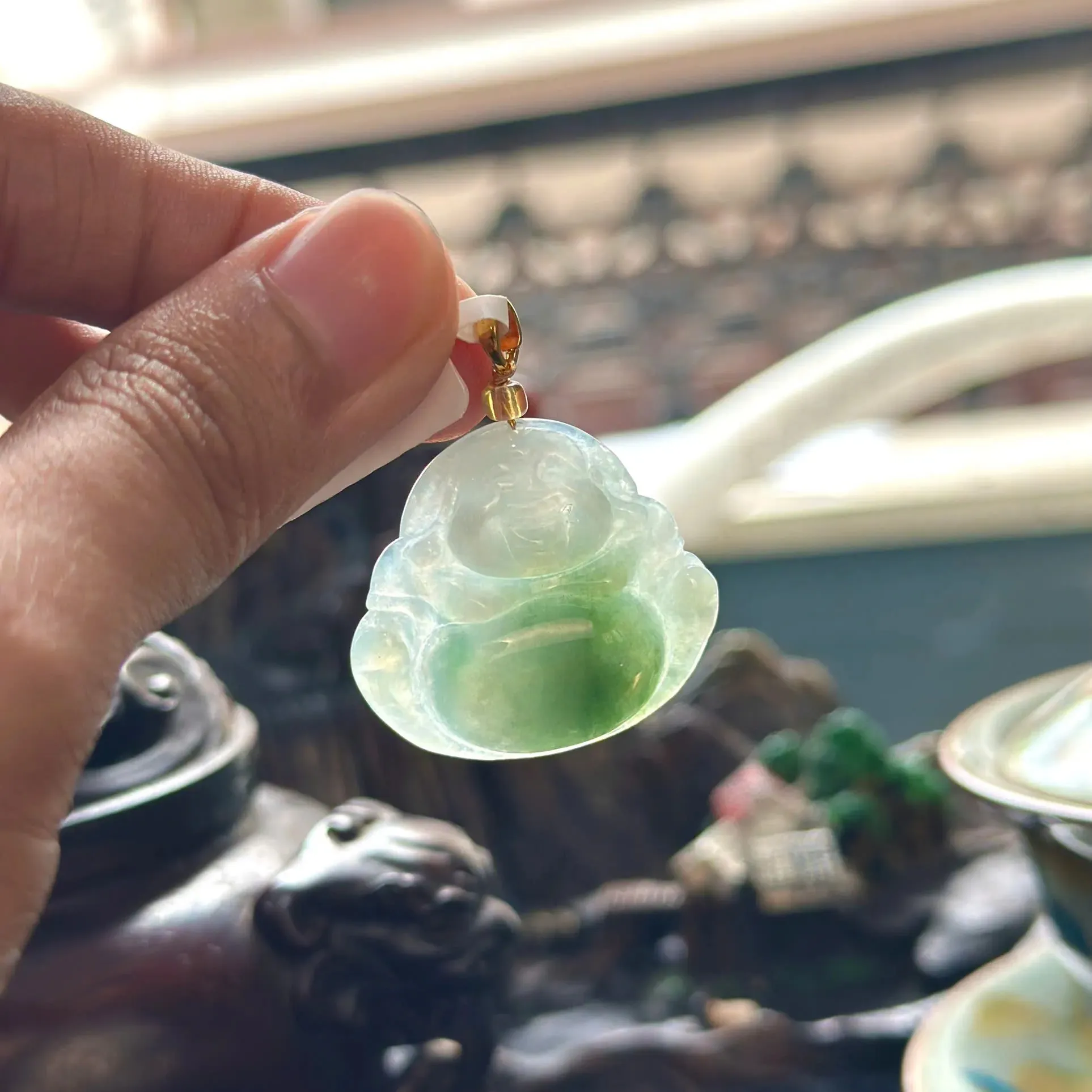 Mặt Phật Di Lạc Nếp Băng Xanh 02