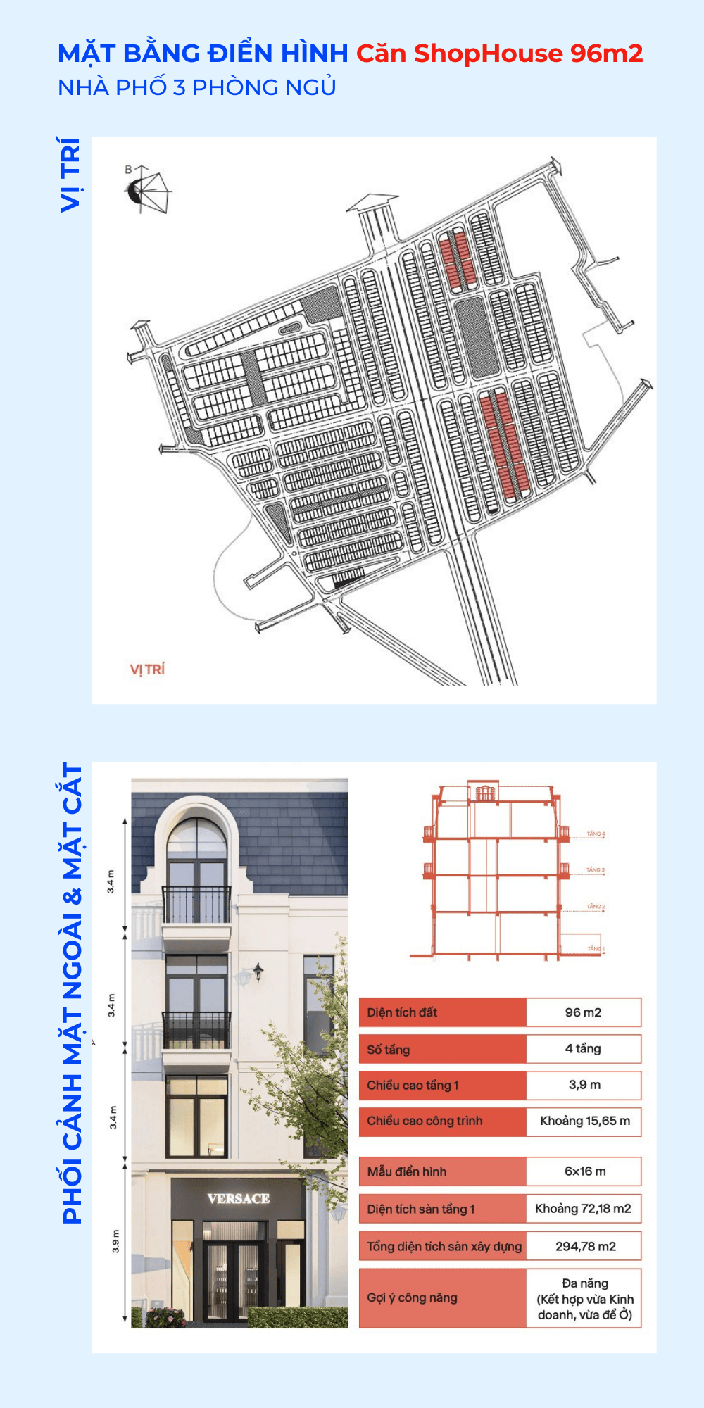 Vị trí, phối cảnh mặt ngoài, mặt cắt căn ShopHouse 96m2 dự án Vlasta Thủy Nguyên